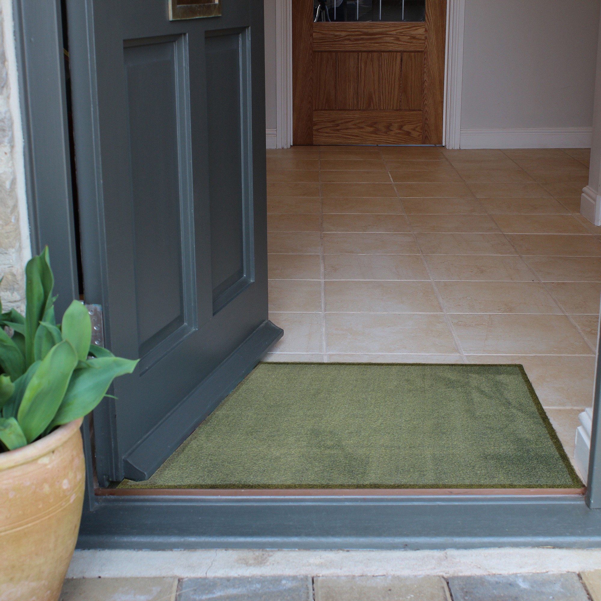 Plain Washable Recycled Doormat In Green